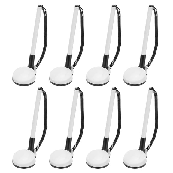 Uxcell 8 Pcs Secure Pen with Adhesive Chain and Security Pen Holder, Reception Counter Pens Desktop Pen Black Ink Refills for Desk Workplace Office Home Supplies, Round Base, White