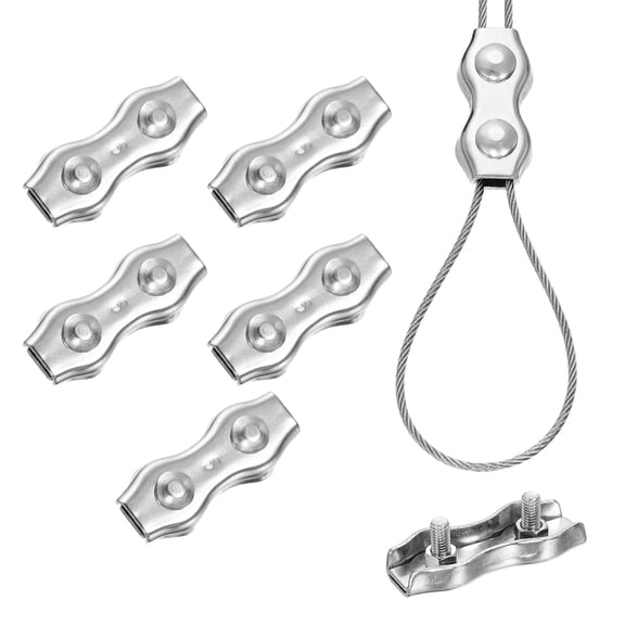 Uxcell 6 Pcs Stainless Steel Duplex Wire Rope Clips, M5 Duplex Bolt Cable Clips Clamp for 5/32 Inch Diameter Wire Rope for Rigging Tent Rope Guard Railing System, Silver