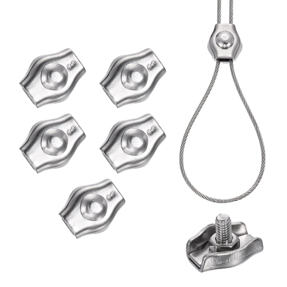 Uxcell 6 Pcs Stainless Steel Single Wire Rope Clips, M4 Single Bolt Cable Clips Clamp for 5/64 Inch-3/32 Inch Diameter Wire Rope for Rigging Tent Rope Guard Railing System, Silver