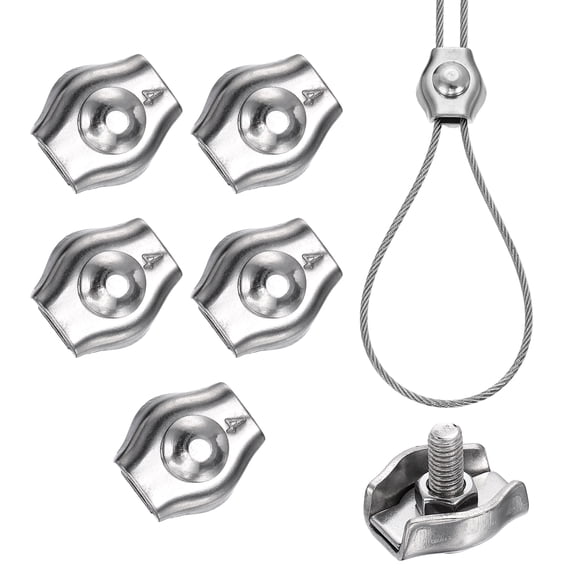 Uxcell 6 Pcs Stainless Steel Single Wire Rope Clips, M5 Single Bolt Cable Clips Clamp for 1/8 Inch Diameter Wire Rope for Rigging Tent Rope Guard Railing System, Silver