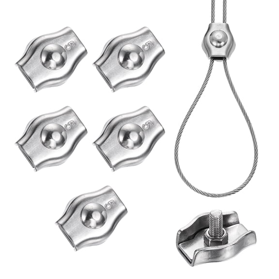 Uxcell 6 Pcs Stainless Steel Single Wire Rope Clips, M5 Single Bolt Cable Clips Clamp for 5/32 Inch Diameter Wire Rope for Rigging Tent Rope Guard Railing System, Silver