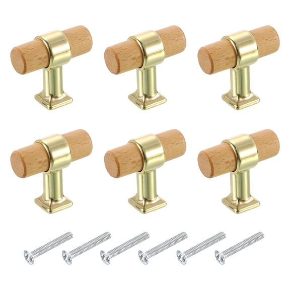 Uxcell 6 Pcs T Bar Wooden Drawer Pulls Single Hole Handles with Screws, Wood/Gold