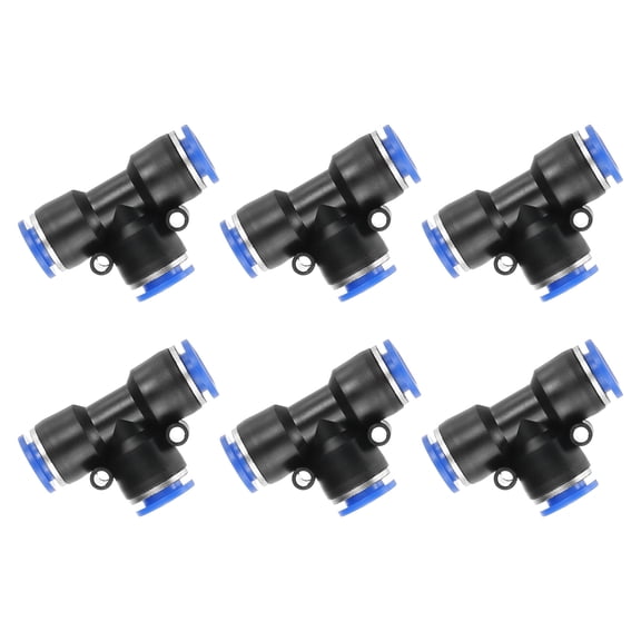 Uxcell 6 Pcs T Shape 3 Way Push to Connect Fitting, 3/8" OD Tube Reducer Connector Quick Push Lock Adapter Air Hose Fitting for Pneumatic System Pipeline Connection, Blue
