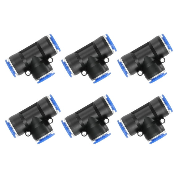 Uxcell 6 Pcs T Shape 3 Way Push to Connect Fitting, 5/8" OD Tube Reducer Connector Quick Push Lock Adapter Air Hose Fitting for Pneumatic System Pipeline Connection, Blue