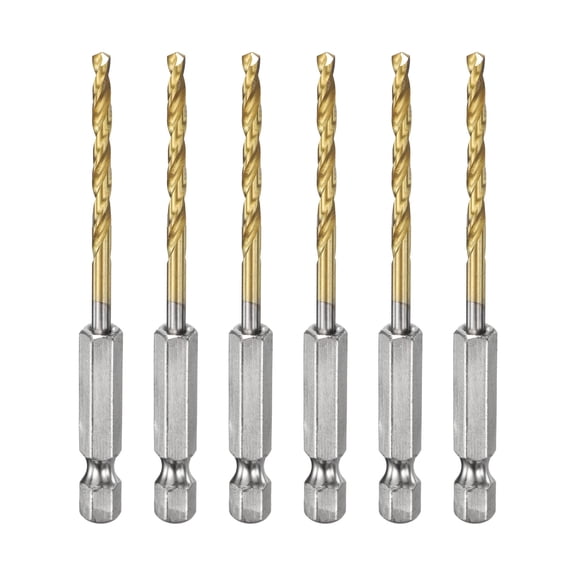 Uxcell 6 Pieces Drill Bit 1/8" Gold Titanium M2 HSS Twist Drill Bit with 1/4" Hex Shank