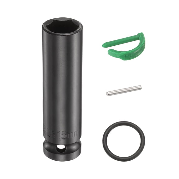 Uxcell 6 Point Deep Impact Socket 1/2" Drive 15mm Metric Standard Socket Cr-Mo Steel Spindle Axle Hex Nut Bolt Sockets with Rubber Ring Locking Pin