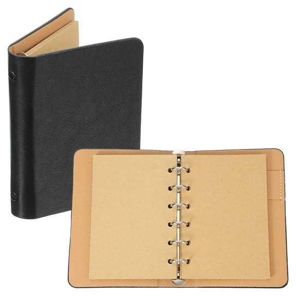 Uxcell 6 Ring Binder Cover, 1 Pack A7 kraft Leather Notebook Binder Mini Refillable Loose Leaf Personal Planner with 50 Sheets Paper, Black