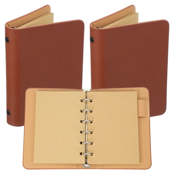 Uxcell 6 Ring Binder Cover, 2 Pack A7 kraft Leather Notebook Binder Mini Refillable Loose Leaf Personal Planner with 50 Sheets Paper, Brown
