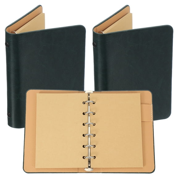Uxcell 6 Ring Binder Cover, 2 Pack A7 kraft Leather Notebook Binder Mini Refillable Loose Leaf Personal Planner with 50 Sheets Paper, Dark Green
