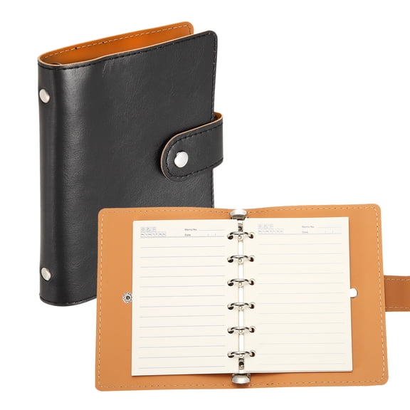 Uxcell 6 Ring Leather Binder Cover, A7 Pocket Travel Notebook Binder with Divider, Black, Mini Refillable Loose Leaf Personal Planner with 60 Sheets Horizontal Line Paper for Meeting