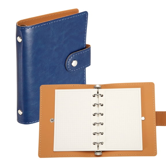 Uxcell 6 Ring Leather Binder Cover, A7 Pocket Travel Notebook Binder with Divider, Blue, Mini Refillable Loose Leaf Personal Planner with 60 Sheets Grid Paper for Meeting & Notes