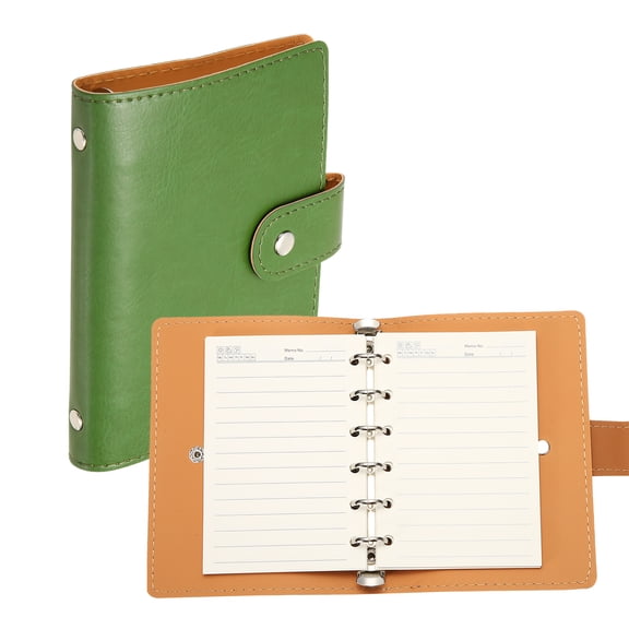 Uxcell 6 Ring Leather Binder Cover, A7 Pocket Travel Notebook Binder with Divider, Green, Mini Refillable Loose Leaf Personal Planner with 120 Sheets Horizontal Line Paper for Meeting