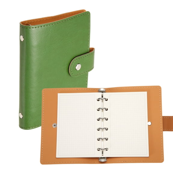 Uxcell 6 Ring Leather Binder Cover, A7 Pocket Travel Notebook Binder with Divider, Green, Mini Refillable Loose Leaf Personal Planner with 60 Sheets Grid Paper for Meeting & Notes