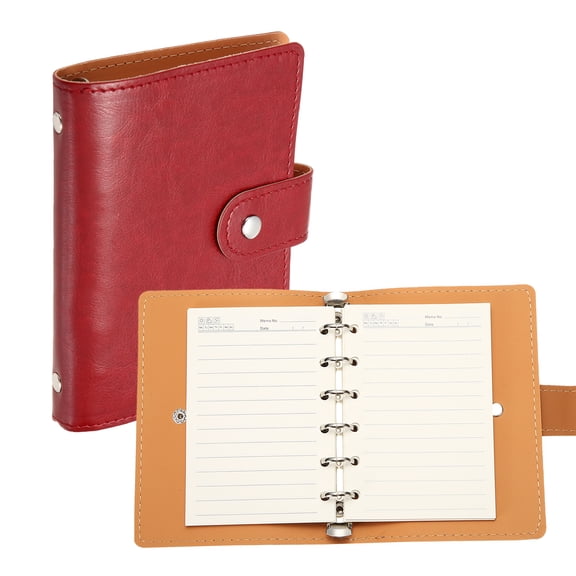 Uxcell 6 Ring Leather Binder Cover, A7 Pocket Travel Notebook Binder with Divider, Red, Mini Refillable Loose Leaf Personal Planner with 120 Sheets Horizontal Line Paper for Meeting