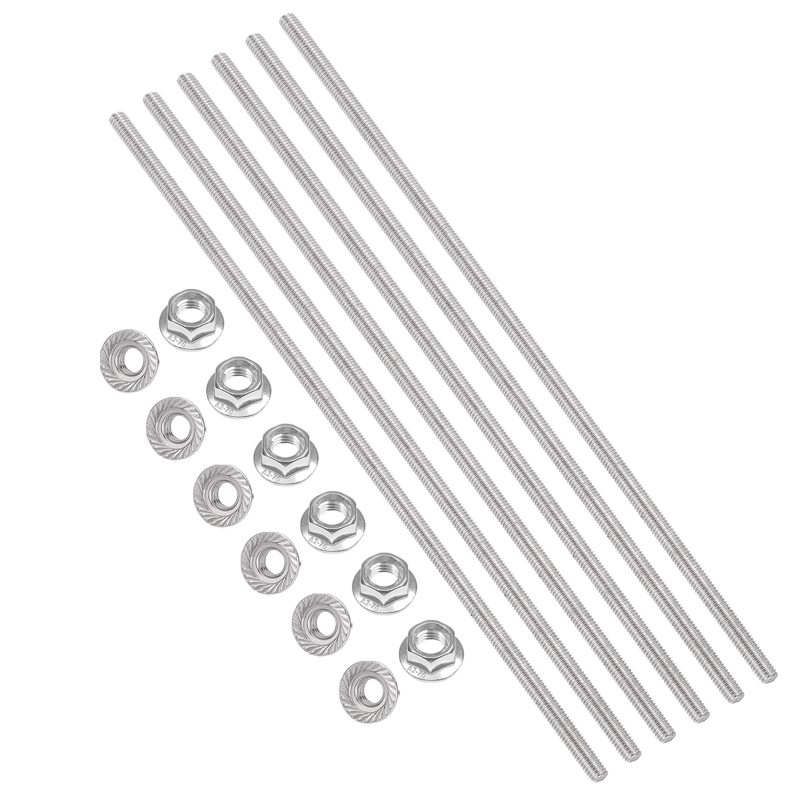 Uxcell 6 Set M6 x 1mm Fully Threaded Rods 10 Inch, 304 Stainless Steel All Threaded Rod Metric Right Hand Threads with 12Pcs Flange Hexagon Nut for Clamps Hangers U-Bolt