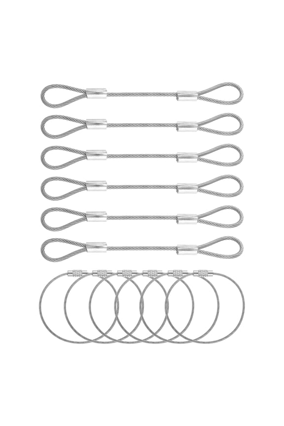 6 Set Security Cable Lock - Double Loop Cable (0.33 ft x 0.08 Inch) with Wire Keychain Cable (6 x 0.06 Inch) Vinyl Coated Stainless Steel Safety Rope Key Ring Holder, Silver