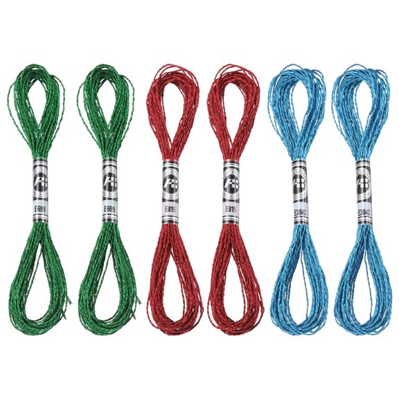 Uxcell 6 Skeins Embroidery Floss Nylon 8.75 Yards Length Metallic Embroidery Thread Blue Dark Green Red