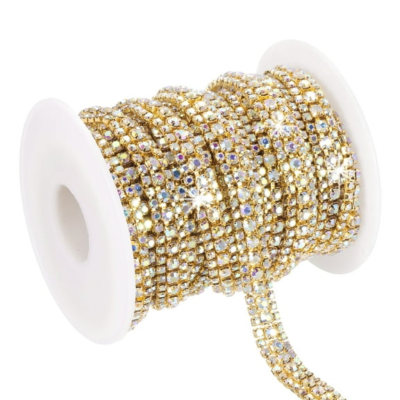 Uxcell 6 Yards Rhinestone Chain Roll, 3 Rows Crystal Close Chain Bling Trim, Gold/AB Colorful