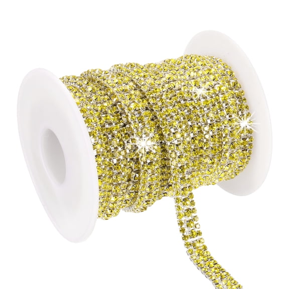 Uxcell 6 Yards Rhinestone Chain Roll, 3 Rows Crystal Close Chain Bling Trim, Silver/Yellow