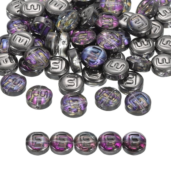 Uxcell 60 Pack Glass Letter Beads, 10mm Flat Round Alphabet Letter Beads E Initial Letter Spacer Beads for DIY Bracelet Necklace Earring Jewelry Craft Making, Black Purple