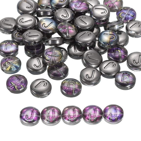 Uxcell 60 Pack Glass Letter Beads, 10mm Flat Round Alphabet Letter Beads J Initial Letter Spacer Beads for DIY Bracelet Necklace Earring Jewelry Craft Making, Black Purple