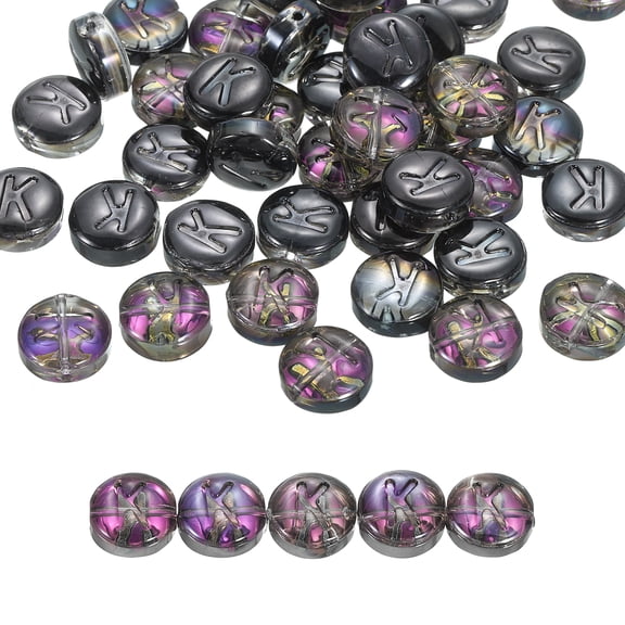 Uxcell 60 Pack Glass Letter Beads, 10mm Flat Round Alphabet Letter Beads K Initial Letter Spacer Beads for DIY Bracelet Necklace Earring Jewelry Craft Making, Black Purple