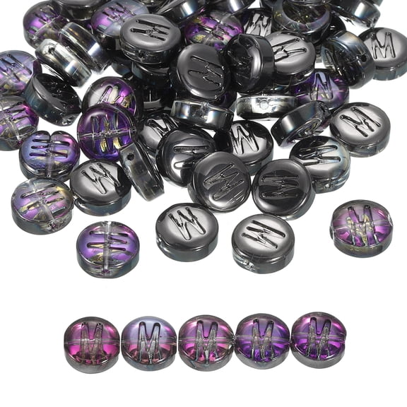 Uxcell 60 Pack Glass Letter Beads, 10mm Flat Round Alphabet Letter Beads M Initial Letter Spacer Beads for DIY Bracelet Necklace Earring Jewelry Craft Making, Black Purple