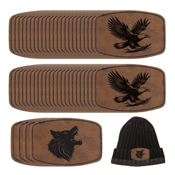 Uxcell 60 Pcs Blank Leather Hat Patches, Laser Engraving Iron-on Irregular Laserable Rustic Leatherette Patch for Hats Cap, Dark Brown 2.99x1.97Inch