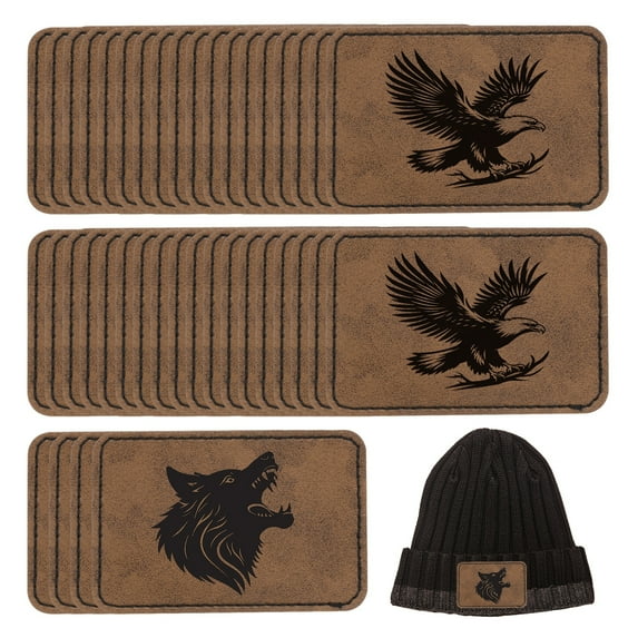 Uxcell 60 Pcs Blank Leather Hat Patches, Laser Engraving Iron-on Retangle Laserable Rustic Leatherette Patch for Hats Cap, Dark Brown 2.99x1.97Inch
