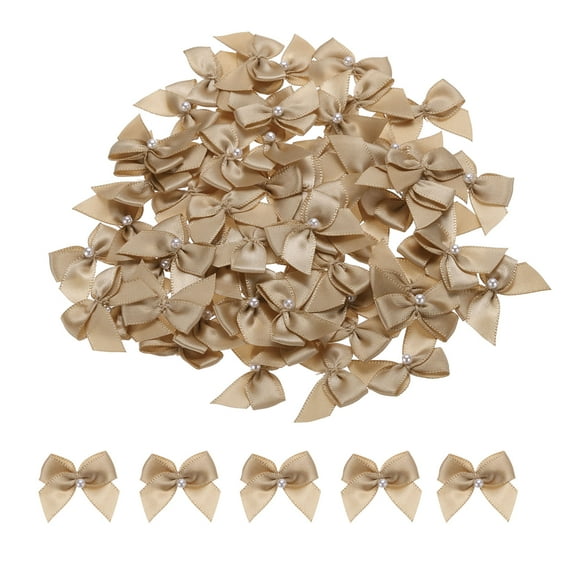 Uxcell 60 Pcs Polyester Mini Ribbon Bow with Pearl Ribbon Flowers Appliques for Craft DIY 1'' Dark Yellow