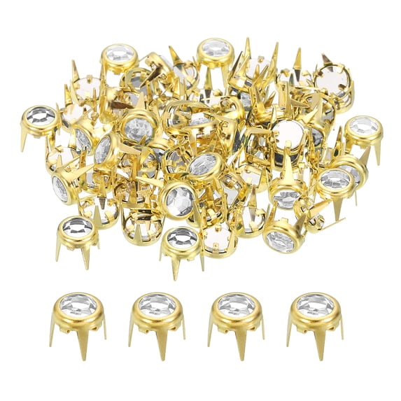 Uxcell 60Pcs Rhinestone Studs, 6mm Round Rivets Claw Beads Nailhead, Gold/White