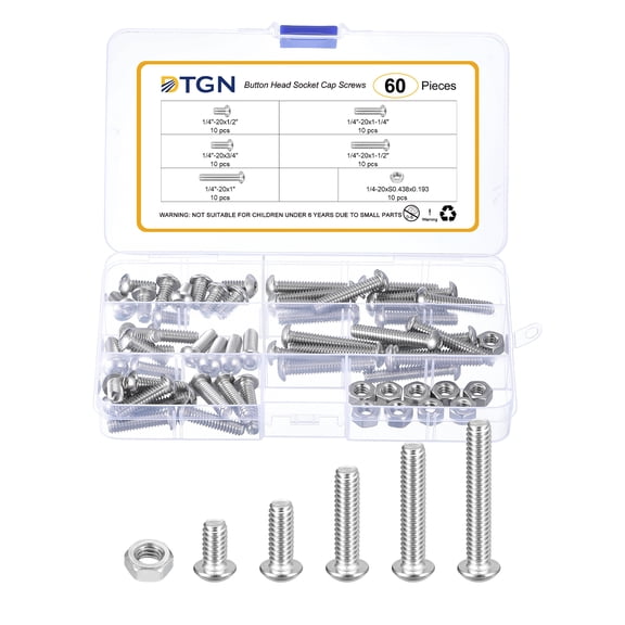 Uxcell 60Pack 1/4-20x1/2" to 1-1/2" Button Head Socket Cap Screws - 304 Stainless Steel Bolt Nut Set Washer Assortment Kit - Good for Road Bicycle, Mountain Bike, Auto