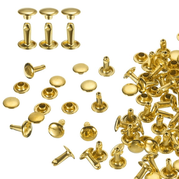 Uxcell 60Pack Double Cap Leather Rivet, 8x10mm Round Cap Tubular Metal Studs Leather Crafting Rivet, Gold