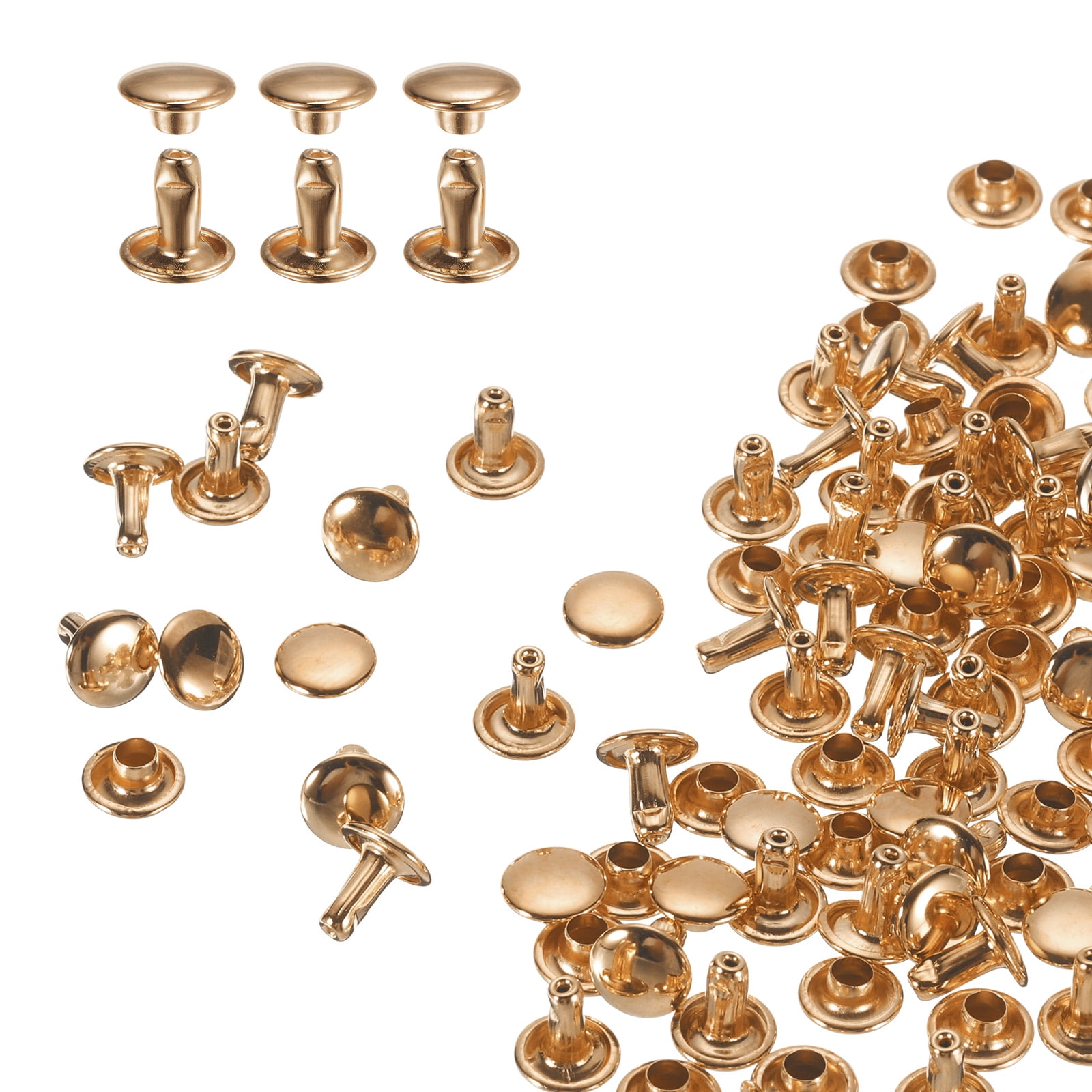 Uxcell 60Pack Double Cap Leather Rivet, 8x8mm Round Cap Tubular Metal Studs Leather Crafting Rivet, Light Gold