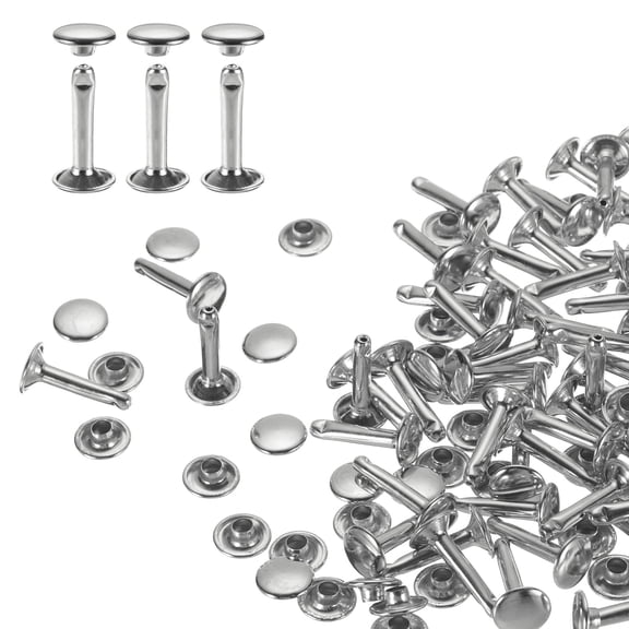 Uxcell 60 Set Double Cap Leather Rivet, 9x16mm Round Cap Tubular Metal Craft Rivet, Silver