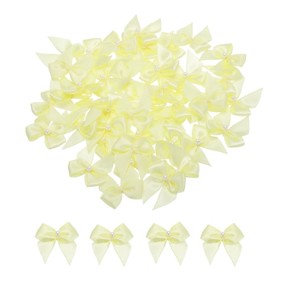 Uxcell 60 Pcs Polyester Mini Ribbon Bow with Pearl Ribbon Flowers Appliques 1'' Fluorescent Light Green