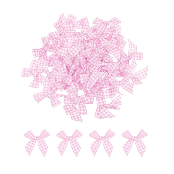 Uxcell 60Pcs Mini Gingham Ribbon Bow 1.5" Checkered Fabric Satin Ribbon Bows for Craft Pink and White