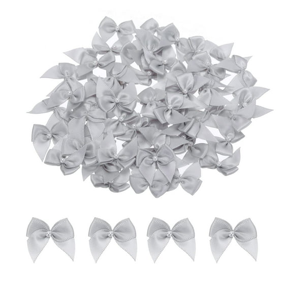 Uxcell 60 Pcs Polyester Mini Ribbon Bow with Pearl Ribbon Flowers Appliques for Craft DIY 1'' Light Grey