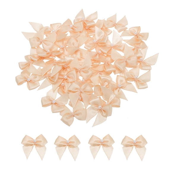 Uxcell 60 Pcs Polyester Mini Ribbon Bow with Pearl Ribbon Flowers Appliques for Craft DIY 1'' Light Orange
