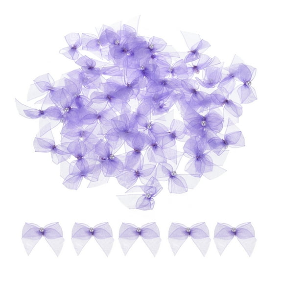 Uxcell 60Pcs Mini Light Purple Ribbon Bow with Pearl 1" Ribbon Flowers Applique for Craft DIY Decoration