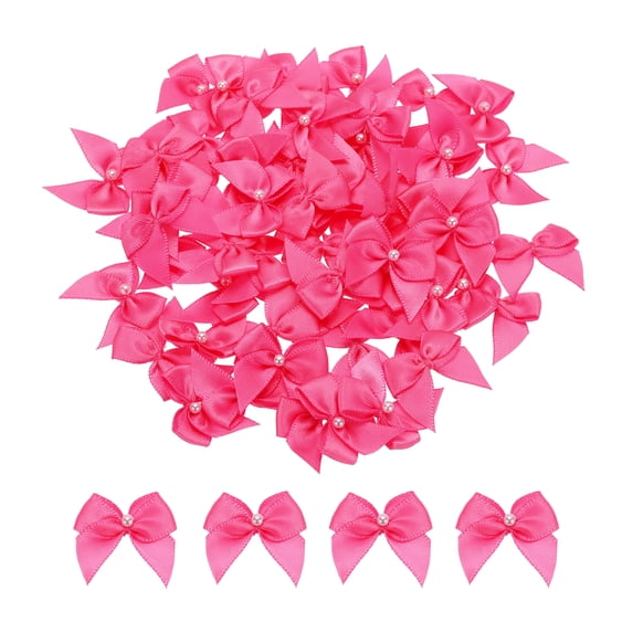 Uxcell 60 Pcs Polyester Mini Ribbon Bow with Pearl Ribbon Flowers Appliques for Craft DIY 1'' Rose Red