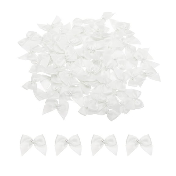 Uxcell 60 Pcs Polyester Mini Ribbon Bow with Pearl Ribbon Flowers Appliques for Craft DIY 1'' White