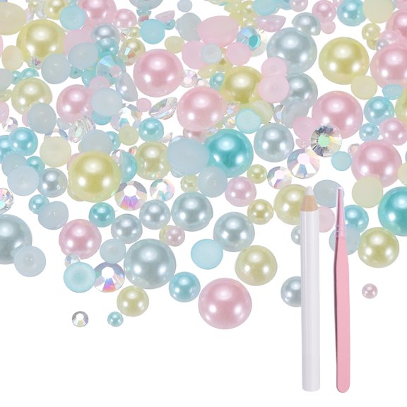 Uxcell 60g Half Pearl Rhinestones, Pastel Rainbow Series, Mixed Sizes 3-10mm/0.12-0.39" Mix Flatback Resin Rhinestones Half Round Pearls with Tweezer and Pencil for DIY Nail Face Art