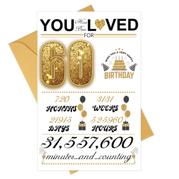 Uxcell 60th Birthday Card, Happy Birthdays Card Time Greeting Card with Envelope for Girl Boy Women Gift Friend Birthday Decorations, Gold Tone