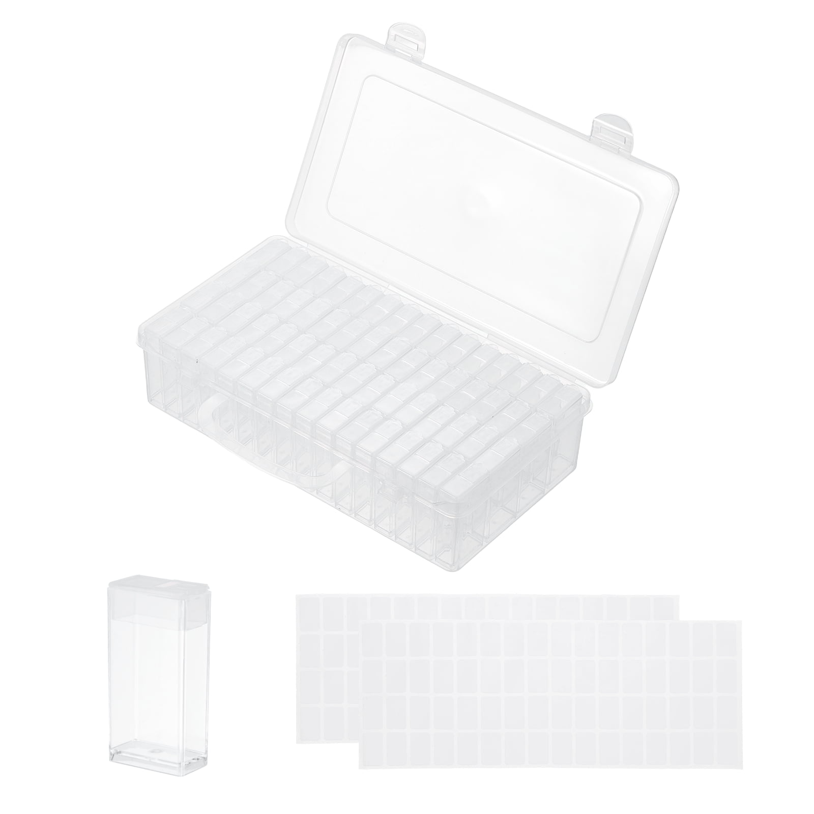 Uxcell 64 Slots Diamond Art Storage Containers, Clear Plastic Diamond Art Painting Beads Organizer Case Accessories with Labels for Jewelry Nail Crafts Rhinestones, 8.8x4.7x2.1inch
