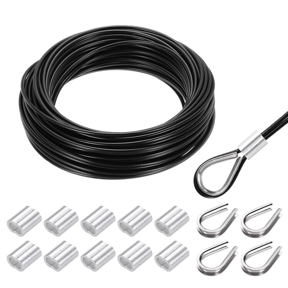 Uxcell 66FT Stainless Steel Cable Railing Kit, 1/8" Vinyl Coated 7x7 Strand Wire Rope with Loop Sleeves and Thimbles Black