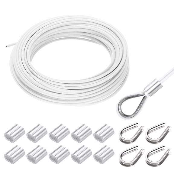 Uxcell 66FT Stainless Steel Cable Railing Kit, 1/8" Vinyl Coated 7x7 Strand Wire Rope with Loop Sleeves and Thimbles White