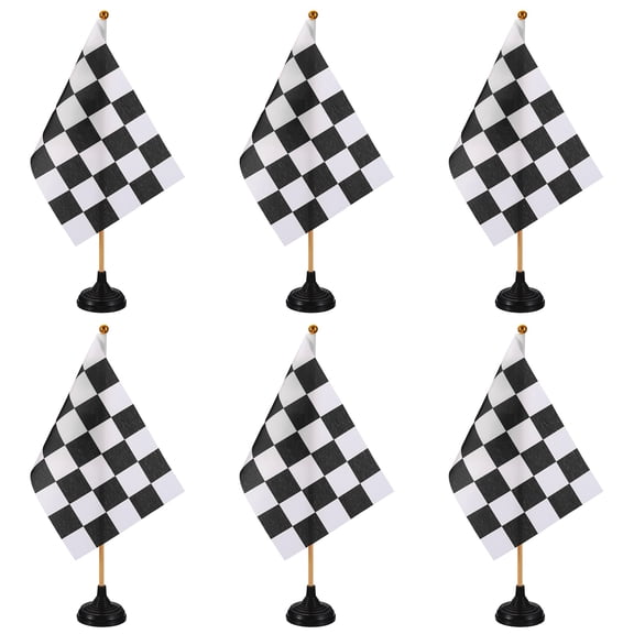 Uxcell 6Pack Black and White Checkered Table Flag, 12" Small Race Car Racing Office Desk Flag Set with Bamboo Stick and Black Round Base for Car Soccer Sport Party Decoration