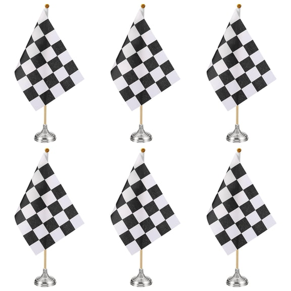 Uxcell 6Pack Black and White Checkered Table Flag, 12" Small Race Car Racing Office Desk Flag Set with Bamboo Stick and Silver Round Base for Car Soccer Sport Party Decoration