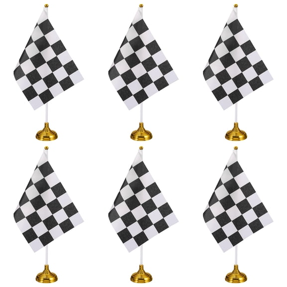 Uxcell 6Pack Black and White Checkered Table Flag, 12" Small Race Car Racing Office Desk Flag Set with White Plastic Stick and Gold Round Base for Car Soccer Sport Party Decoration